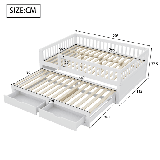 Sofá-cama em madeira maciça 140 x 200 cm - grade de segurança completa, cama extensível com 2 gavetas e estrado - branco
