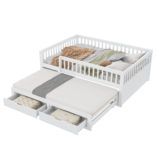 Sofá-cama em madeira maciça 140 x 200 cm - grade de segurança completa, cama extensível com 2 gavetas e estrado - branco