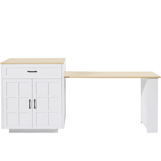 Mesa de bar extensível 133-202×70×93,5 cm - com duas gavetas, quatro compartimentos e prateleiras laterais - Branco Mesa de bar extensível 133-202×70×93,5 cm - com duas gavetas, quatro compartimentos e prateleiras laterais - Branco