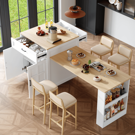 Mesa de bar extensível 133-202×70×93,5 cm - com duas gavetas, quatro compartimentos e prateleiras laterais - Branco Mesa de bar extensível 133-202×70×93,5 cm - com duas gavetas, quatro compartimentos e prateleiras laterais - Branco