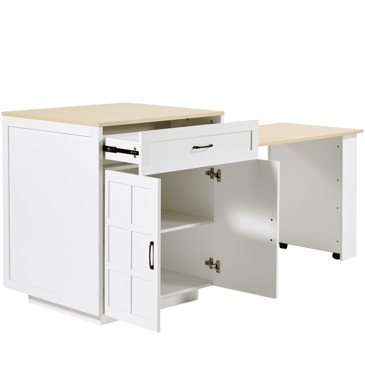 Mesa de bar extensível 133-202×70×93,5 cm - com duas gavetas, quatro compartimentos e prateleiras laterais - Branco Mesa de bar extensível 133-202×70×93,5 cm - com duas gavetas, quatro compartimentos e prateleiras laterais - Branco