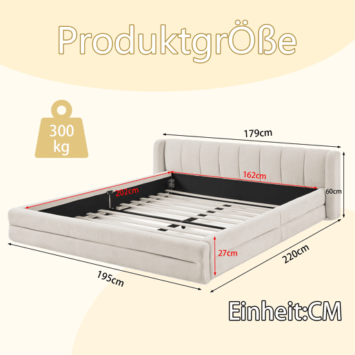 Cama de casal 160x200 cm - Chenille, encosto confortável, estrutura robusta em eucalipto e ferro, fácil de montar - Bege