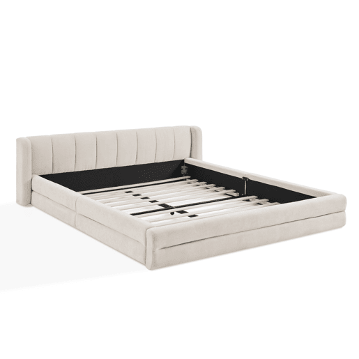 Cama de casal 160x200 cm - Chenille, encosto confortável, estrutura robusta em eucalipto e ferro, fácil de montar - Bege