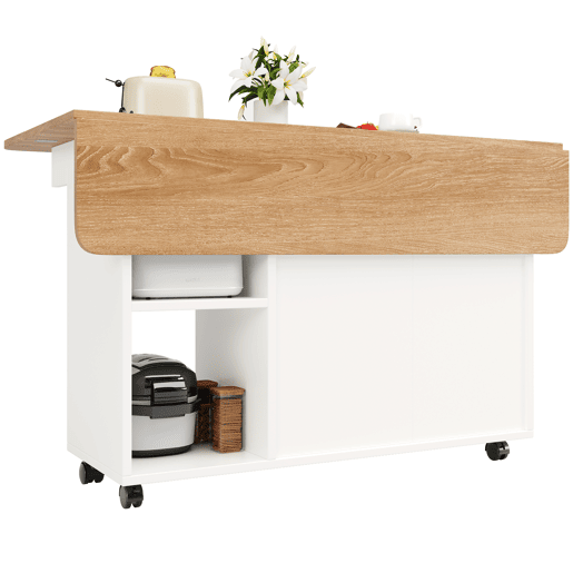 Ilha de cozinha moderna - Multifuncional com espaço de armazenamento - Branco+Natural+Prata
