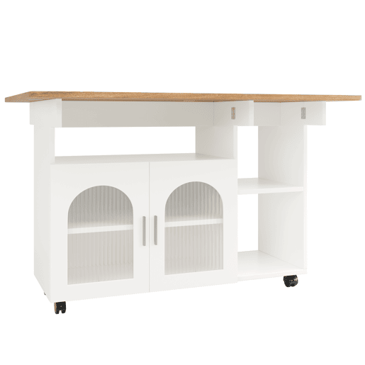Ilha de cozinha moderna - Multifuncional com espaço de armazenamento - Branco+Natural+Prata