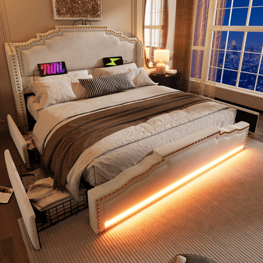 Cama de casal estofada 140x200 cm - com 4 gavetas, iluminação LED, porta de carregamento USB-C e estrado - veludo bege - sem colchão