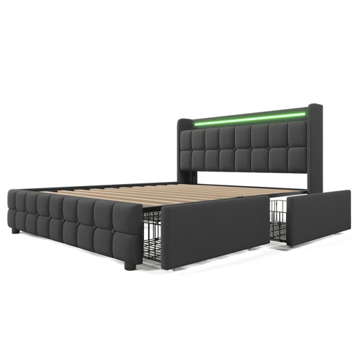 Cama estofada 140x200 cm - Com carregador USB, cabeceira com iluminação LED e 4 gavetas - Cinza