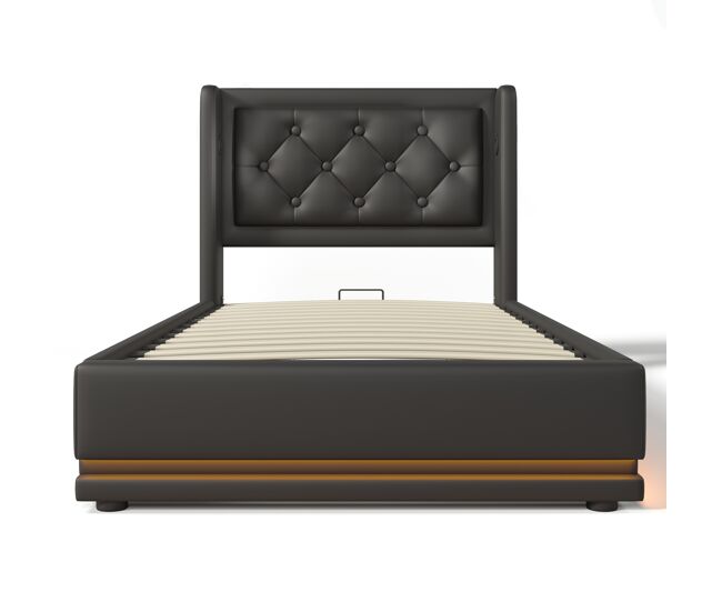 Cama individual 90*200 cm - cabezal acolchado con función led 3 lados, almacenamiento hidráulico, material pu negro