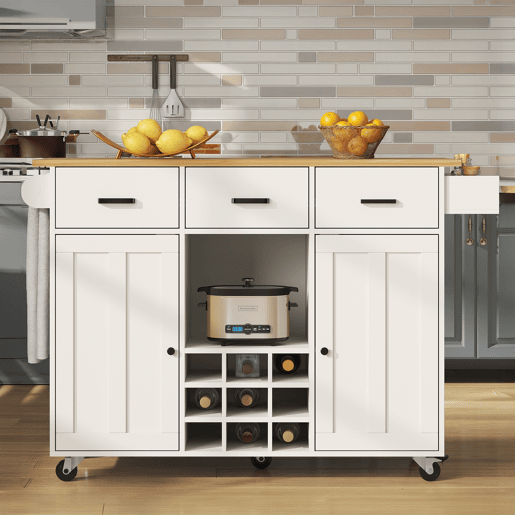 Carrinho de cozinha 107 cm - com bancada, suporte para toalhas, prateleira para especiarias, divisórias ajustáveis - branco