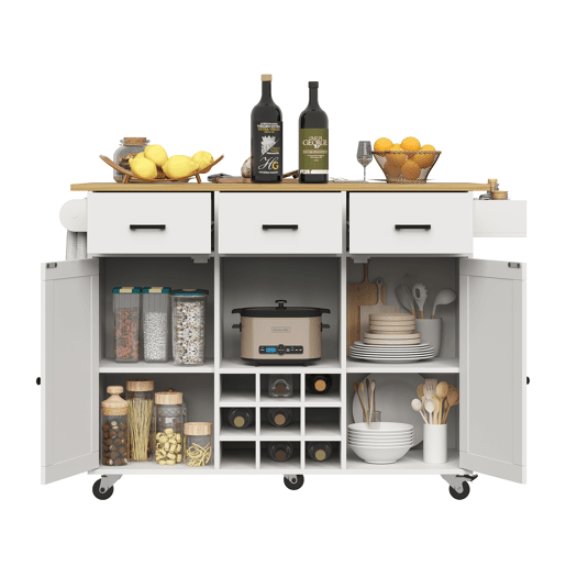 Carrinho de cozinha 107 cm - com bancada, suporte para toalhas, prateleira para especiarias, divisórias ajustáveis - branco