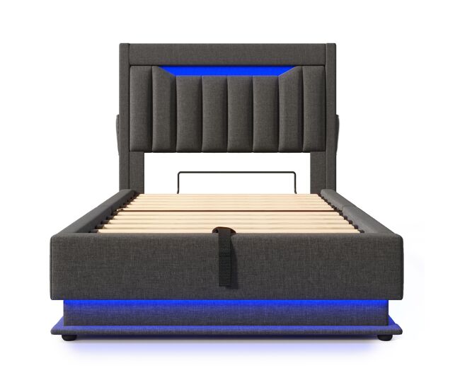 Cama tapizada 90x200 cm - cabezal con almacenamiento, puertos usb y tipo-c, iluminación led, almacenamiento hidráulico - gris