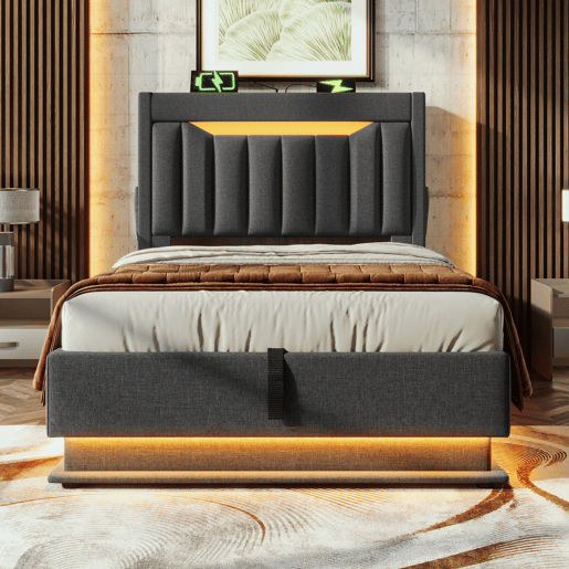Cama estofada 90x200 cm - Cabeceira com arrumação, portas USB e Tipo-C, iluminação LED, arrumação hidráulica - Cinza