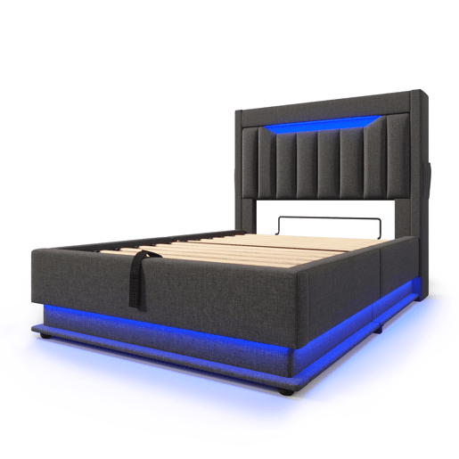 Cama estofada 90x200 cm - Cabeceira com arrumação, portas USB e Tipo-C, iluminação LED, arrumação hidráulica - Cinza