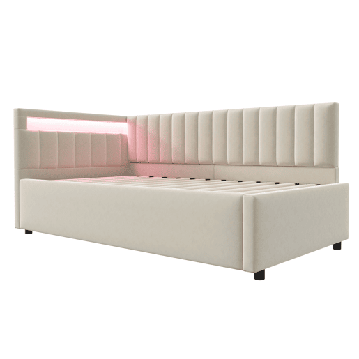 Sofá-cama 90x200 - com LED, armazenamento hidráulico, design com riscas verticais, cabeceiras laterais ajustáveis, estrado, veludo - Bege