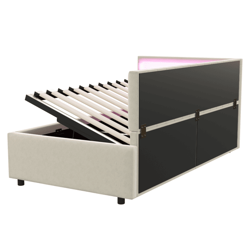 Sofá-cama 90x200 - com LED, armazenamento hidráulico, design com riscas verticais, cabeceiras laterais ajustáveis, estrado, veludo - Bege
