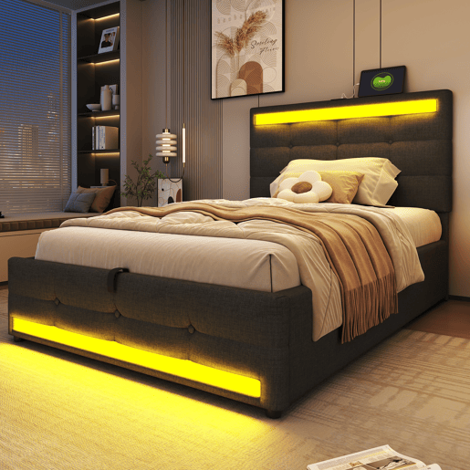 Cama estofada 90*200 - Cama infantil com armazenamento hidráulico, USB e faixa LED RGB - Cinza