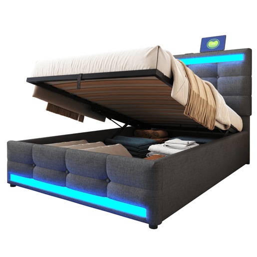 Cama estofada 90*200 - Cama infantil com armazenamento hidráulico, USB e faixa LED RGB - Cinza
