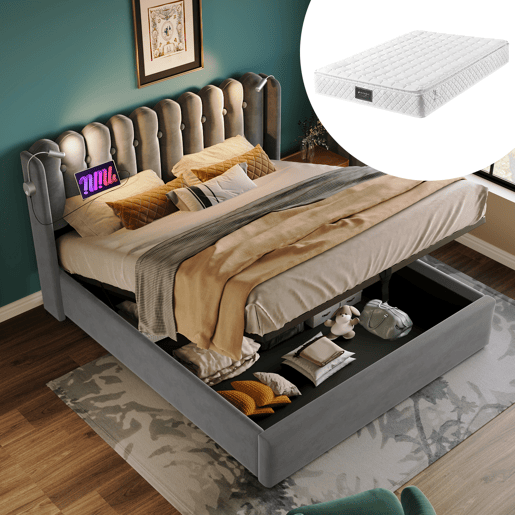 Cama estofada 160x200 - com luz de leitura, função de carregamento, cabeceira com arrumação, estrutura em veludo - Cinza