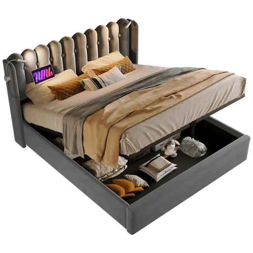 Cama estofada 160x200 - com luz de leitura, função de carregamento, cabeceira com arrumação, estrutura em veludo - Cinza