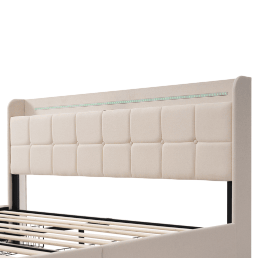 Cama estofada 160x200 cm - Com porta USB, cabeceira iluminada, 4 gavetas, estrutura em madeira - Bege