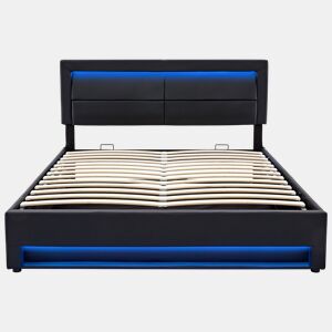 Cama estofada 160x200 - com USB, LED e arrumação - Preto