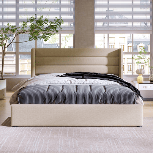 Cama de casal hidráulica 160x200 - com arrumação, colchão incluído, estrado em madeira e metal, linho - Bege