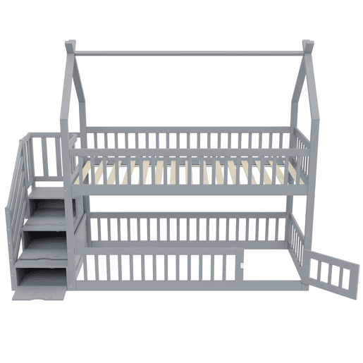 Cama beliche infantil 90x200 - madeira maciça com teto, escada de segurança e gavetas de arrumação - cinza