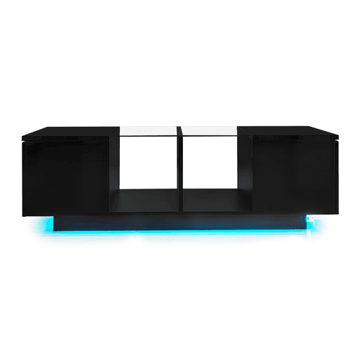 Mesa de centro com LED multicolorido - 2 portas com dobradiças e prateleira de vidro - Preto Mesa de centro com LED multicolorido - 2 portas com dobradiças e prateleira de vidro - Preto