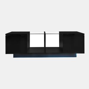 Mesa de centro com LED multicolorido - 2 portas com dobradiças e prateleira de vidro - Preto
