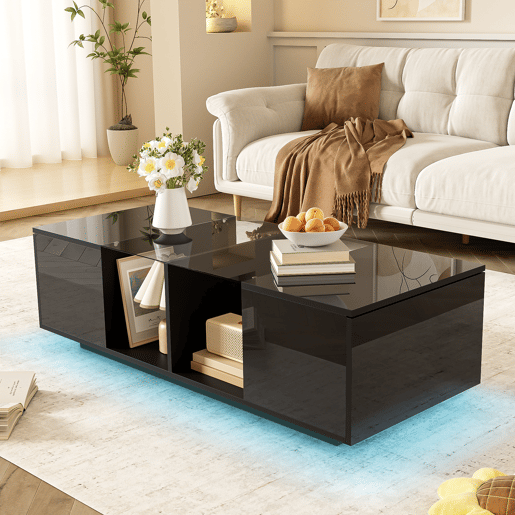 Mesa de centro com LED multicolorido - 2 portas com dobradiças e prateleira de vidro - Preto Mesa de centro com LED multicolorido - 2 portas com dobradiças e prateleira de vidro - Preto
