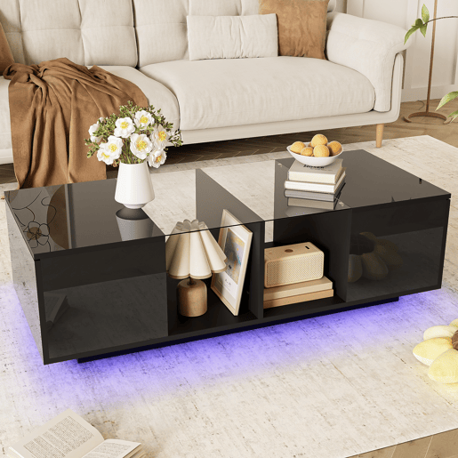 Mesa de centro com LED multicolorido - 2 portas com dobradiças e prateleira de vidro - Preto Mesa de centro com LED multicolorido - 2 portas com dobradiças e prateleira de vidro - Preto