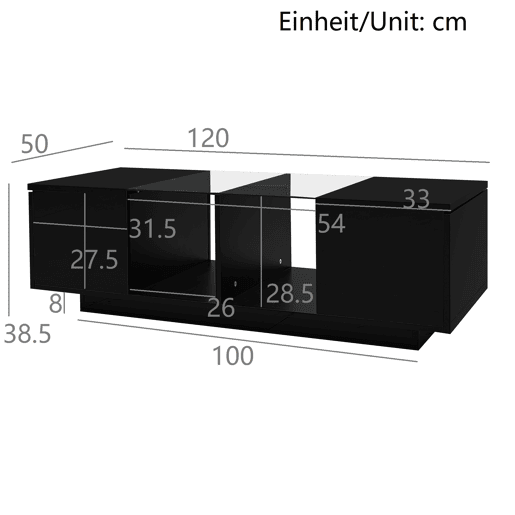 Mesa de centro com LED multicolorido - 2 portas com dobradiças e prateleira de vidro - Preto Mesa de centro com LED multicolorido - 2 portas com dobradiças e prateleira de vidro - Preto