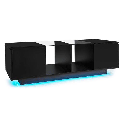 Mesa de centro com LED multicolorido - 2 portas com dobradiças e prateleira de vidro - Preto Mesa de centro com LED multicolorido - 2 portas com dobradiças e prateleira de vidro - Preto