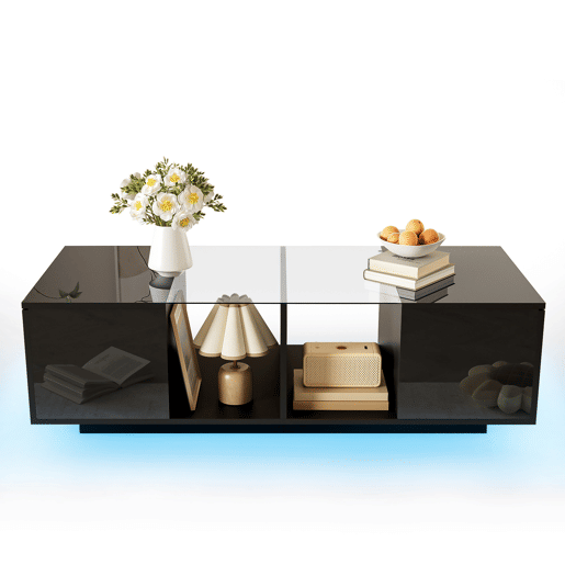 Mesa de centro com LED multicolorido - 2 portas com dobradiças e prateleira de vidro - Preto Mesa de centro com LED multicolorido - 2 portas com dobradiças e prateleira de vidro - Preto