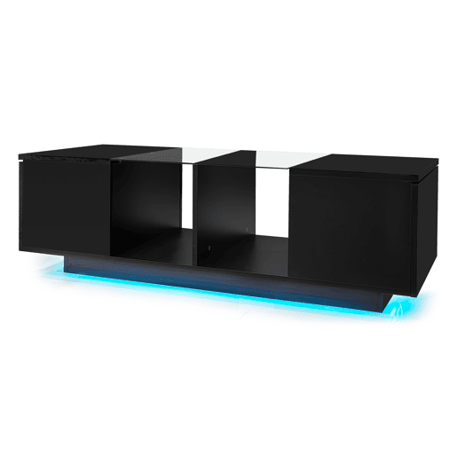 Mesa de centro com LED multicolorido - 2 portas com dobradiças e prateleira de vidro - Preto Mesa de centro com LED multicolorido - 2 portas com dobradiças e prateleira de vidro - Preto