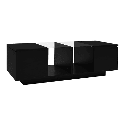 Mesa de centro com LED multicolorido - 2 portas com dobradiças e prateleira de vidro - Preto Mesa de centro com LED multicolorido - 2 portas com dobradiças e prateleira de vidro - Preto