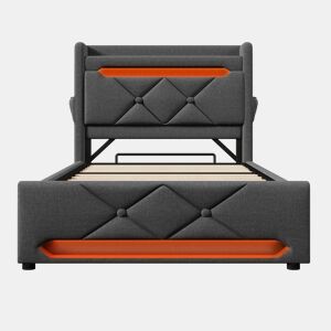 Cama individual 90x200 - Cabeceira com arrumação, portas USB e Tipo C, função LED 360 - Cinza
