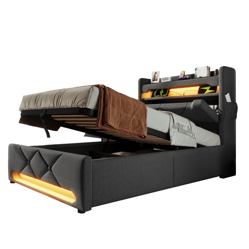 Cama individual 90x200 - Cabeceira com arrumação, portas USB e Tipo C, função LED 360 - Cinza