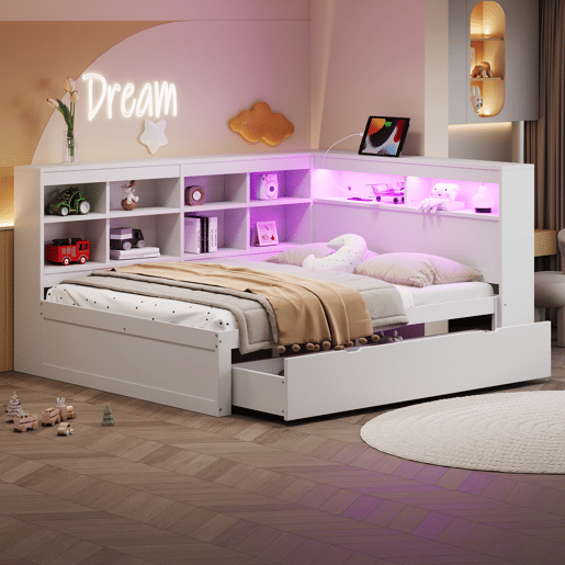 Sofá-cama 140 x 200 cm - com gavetas grandes, USB, LED, prateleiras e compartimentos, muito espaço de arrumação - Branco