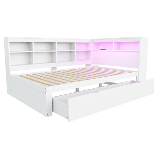 Sofá-cama 140 x 200 cm - com gavetas grandes, USB, LED, prateleiras e compartimentos, muito espaço de arrumação - Branco