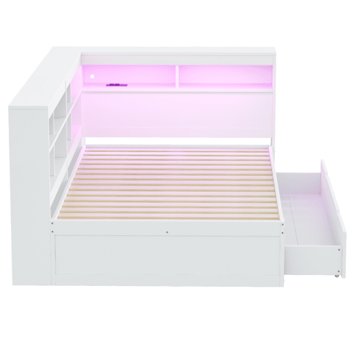 Sofá-cama 140 x 200 cm - com gavetas grandes, USB, LED, prateleiras e compartimentos, muito espaço de arrumação - Branco