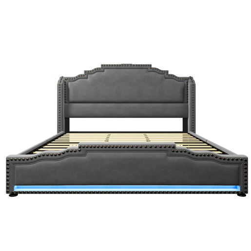 Cama de casal estofada 180x200 cm - com 4 gavetas, iluminação LED, porta de carregamento USB-C e estrado - veludo cinza - sem colchão