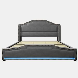 Cama de casal estofada 180x200 cm - com 4 gavetas, iluminação LED, porta de carregamento USB-C e estrado - veludo cinza - sem colchão