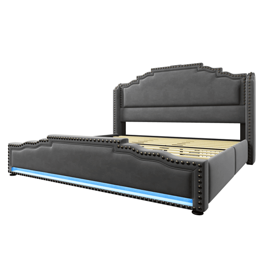 Cama de casal estofada 180x200 cm - com 4 gavetas, iluminação LED, porta de carregamento USB-C e estrado - veludo cinza - sem colchão
