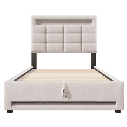 Cama estofada, 90x200 cm - Com controlo remoto APP, com luzes LED, armazenamento hidráulico, com porta USB - Bege