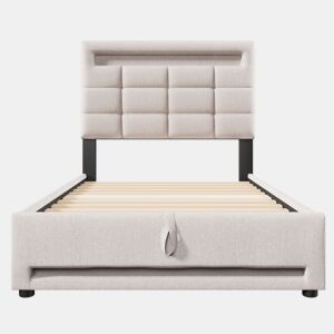 Cama estofada, 90x200 cm - Com controlo remoto APP, com luzes LED, armazenamento hidráulico, com porta USB - Bege