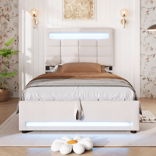 Cama estofada, 90x200 cm - Com controlo remoto APP, com luzes LED, armazenamento hidráulico, com porta USB - Bege