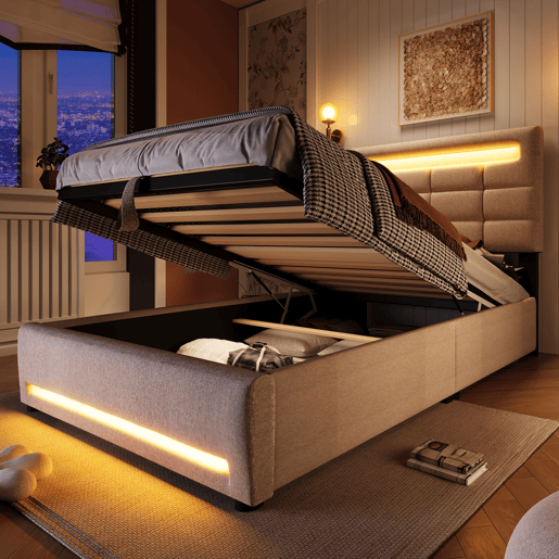 Cama estofada, 90x200 cm - Com controlo remoto APP, com luzes LED, armazenamento hidráulico, com porta USB - Bege