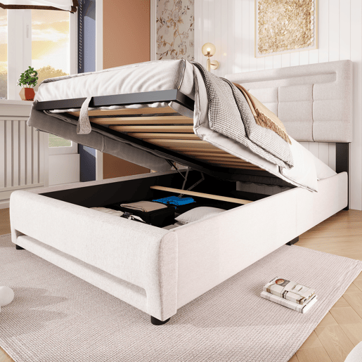 Cama estofada, 90x200 cm - Com controlo remoto APP, com luzes LED, armazenamento hidráulico, com porta USB - Bege
