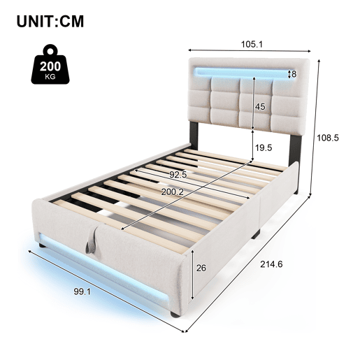 Cama estofada, 90x200 cm - Com controlo remoto APP, com luzes LED, armazenamento hidráulico, com porta USB - Bege